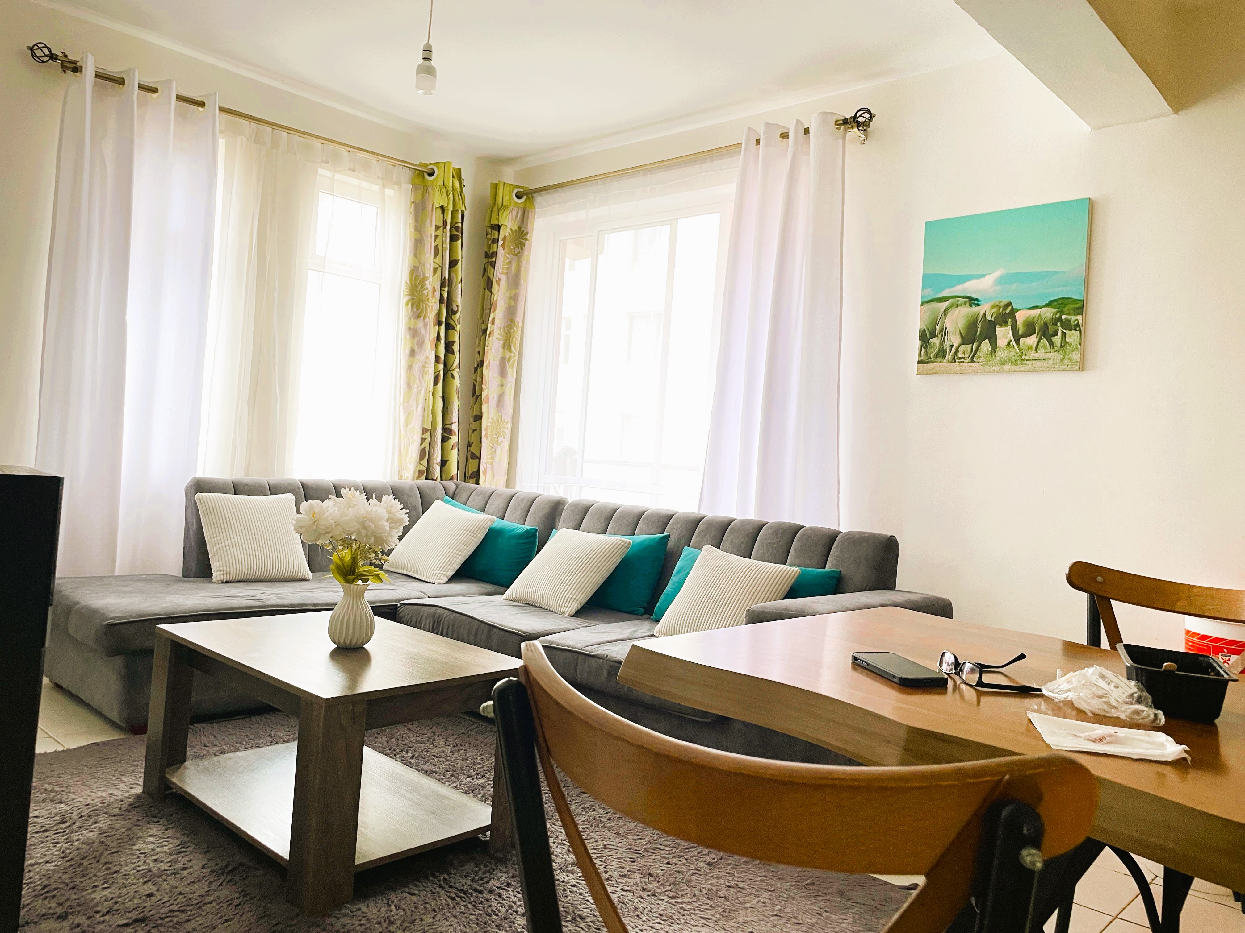 Chic 1BR living and dining area at Racecourse Gardens, Nairobi